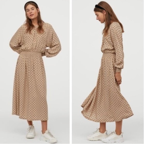 H&M Beige Black Polka Dot Vintage Look Midi Dress - Picture 1 of 7